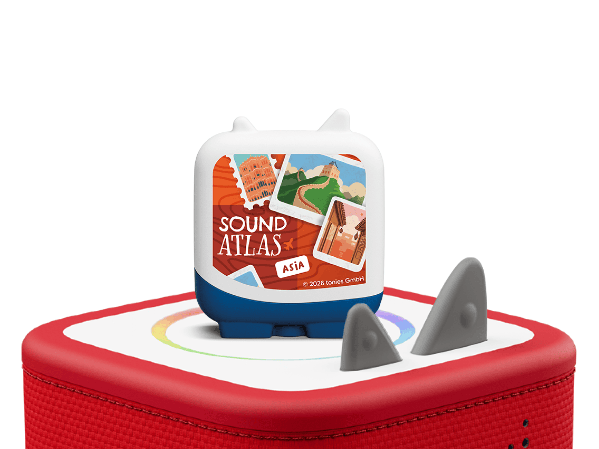 Sound Atlas Pocket Tonies - 4 Pack Tonie on a red Toniebox 2 ready to play audio stories and songs