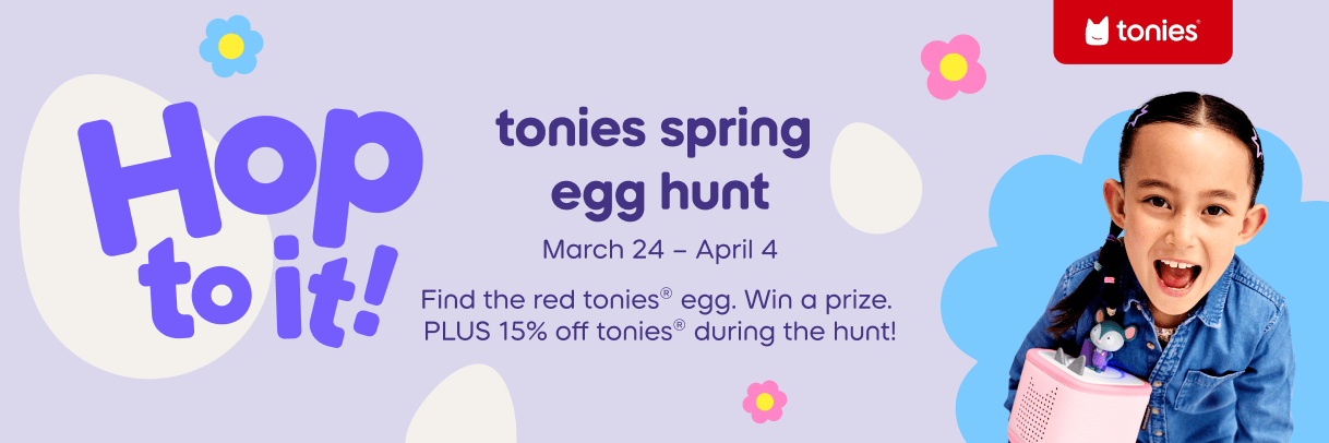 child holding pink Toniebox 2 with promotional text 'tonies spring egg hunt March 24- April 4'