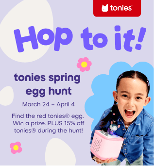 child holding pink Toniebox 2 with promotional text 'tonies spring egg hunt March 24- April 4'