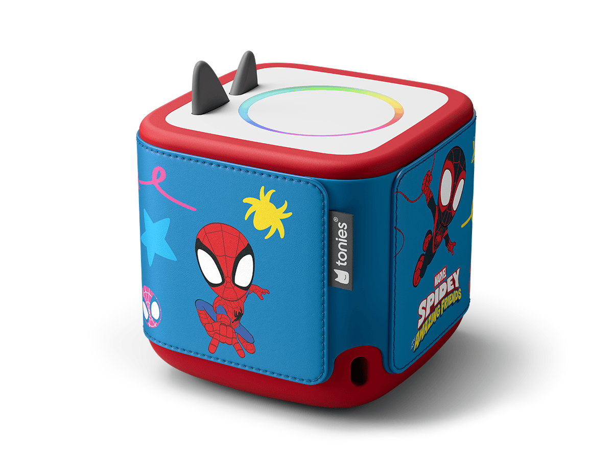 back view of Toniebox 2 Sleeve MARVEL Spidey & His Amazing Friends on a red Toniebox 2