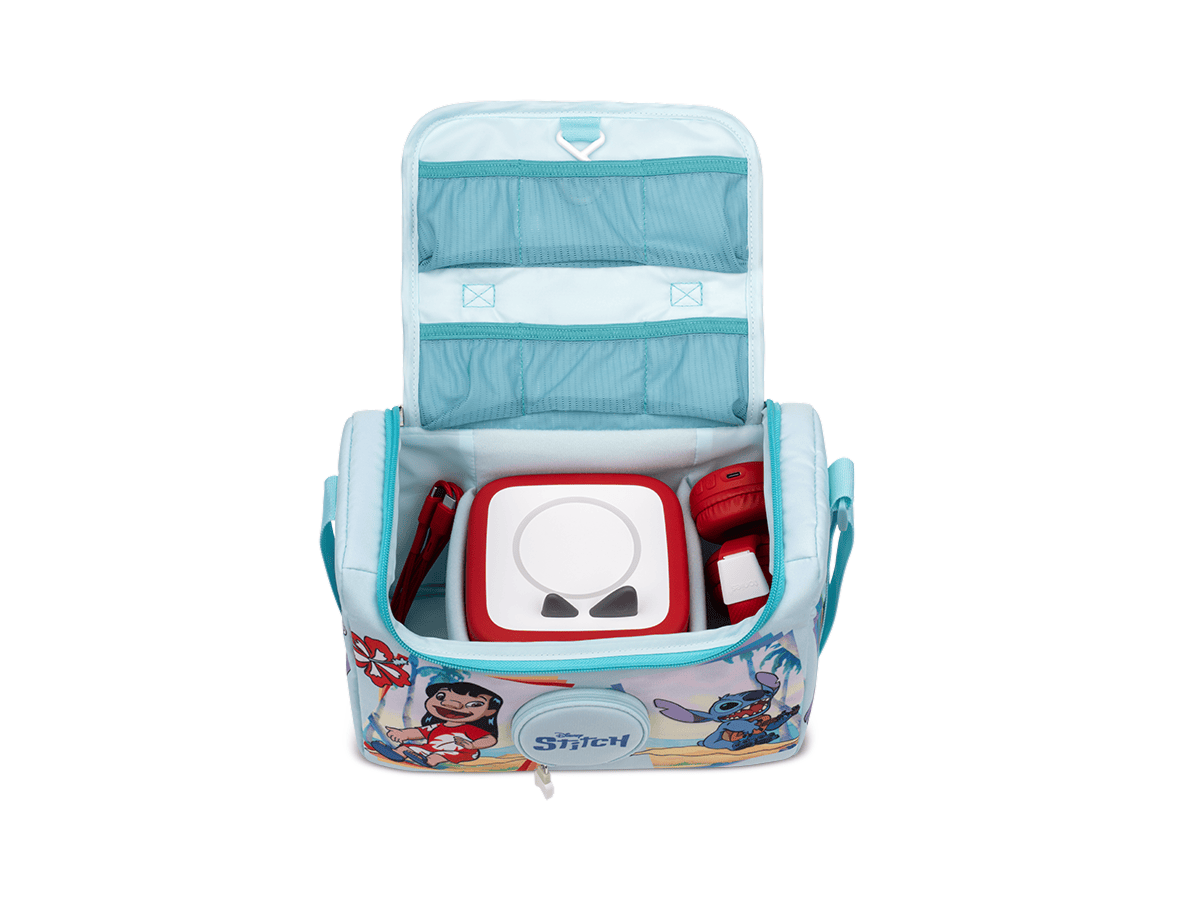 Listen & Play Bag Disney Stitch open view with a toniebox 2 and tonies headphones inside