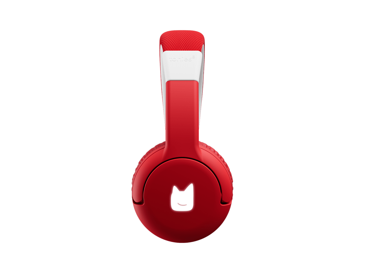 Side view of the red bluetooth headphones for kids with pulsating light illuminated