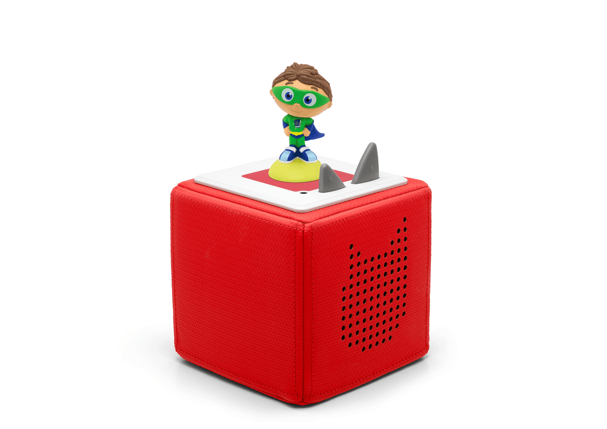 Full view of a Super Why! Tonie on a red Toniebox