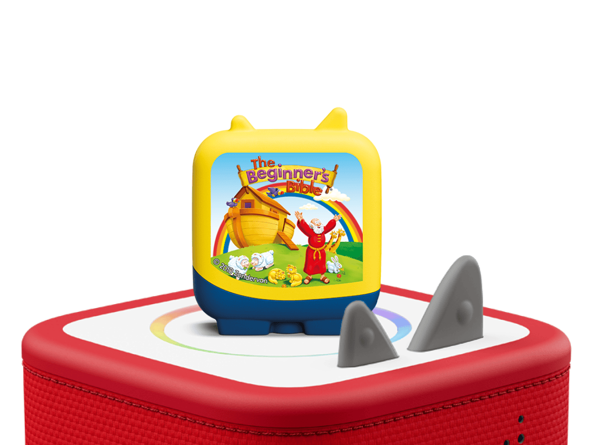 The Beginner's Bible Pocket Tonies on a red Toniebox 2 ready to play audio stories and songs curated for kids
