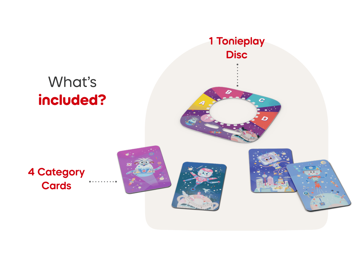 Quizzles: All About Technology - ToniePlay Game includes 1 disc and 4 category cards