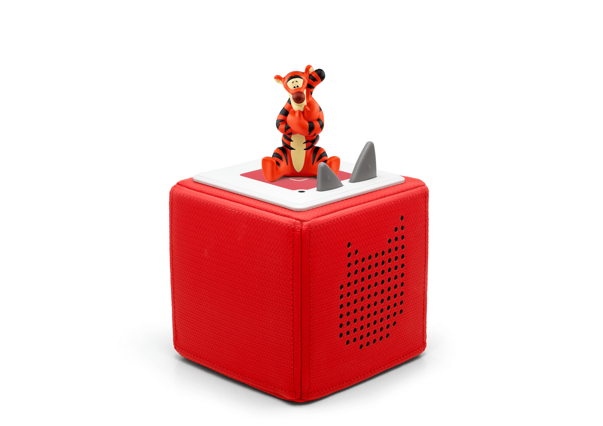 Full view of a Disney Tigger Tonie on a red Toniebox