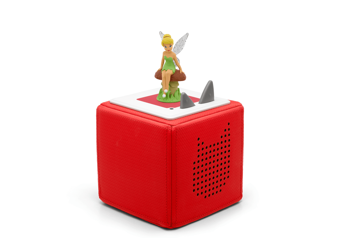Full view of a Tinkerbell Tonie on a red Toniebox