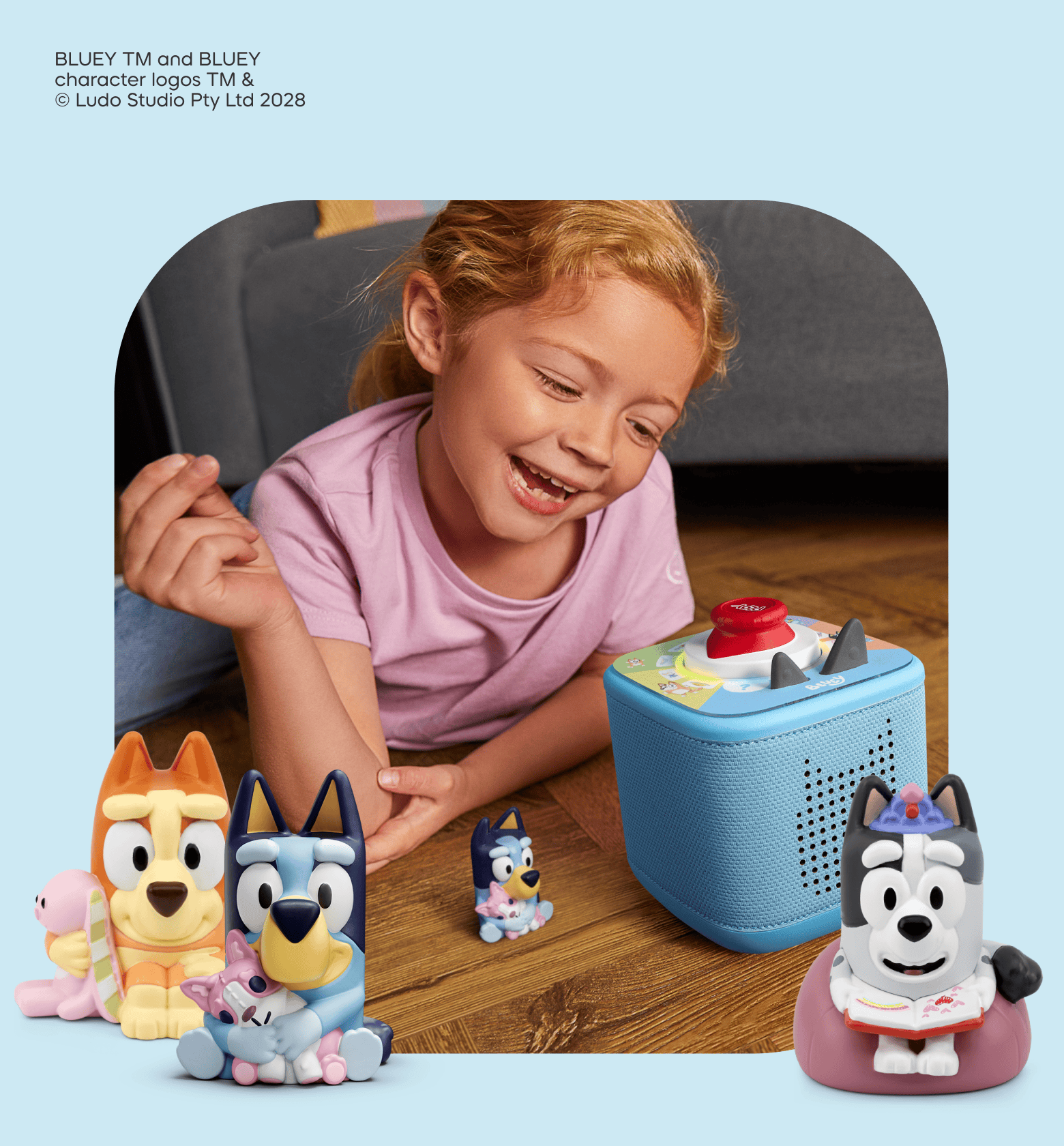 child playing with the bluey tonies 3 pack bluey muffin and bingo tonies and a toniebox 2
