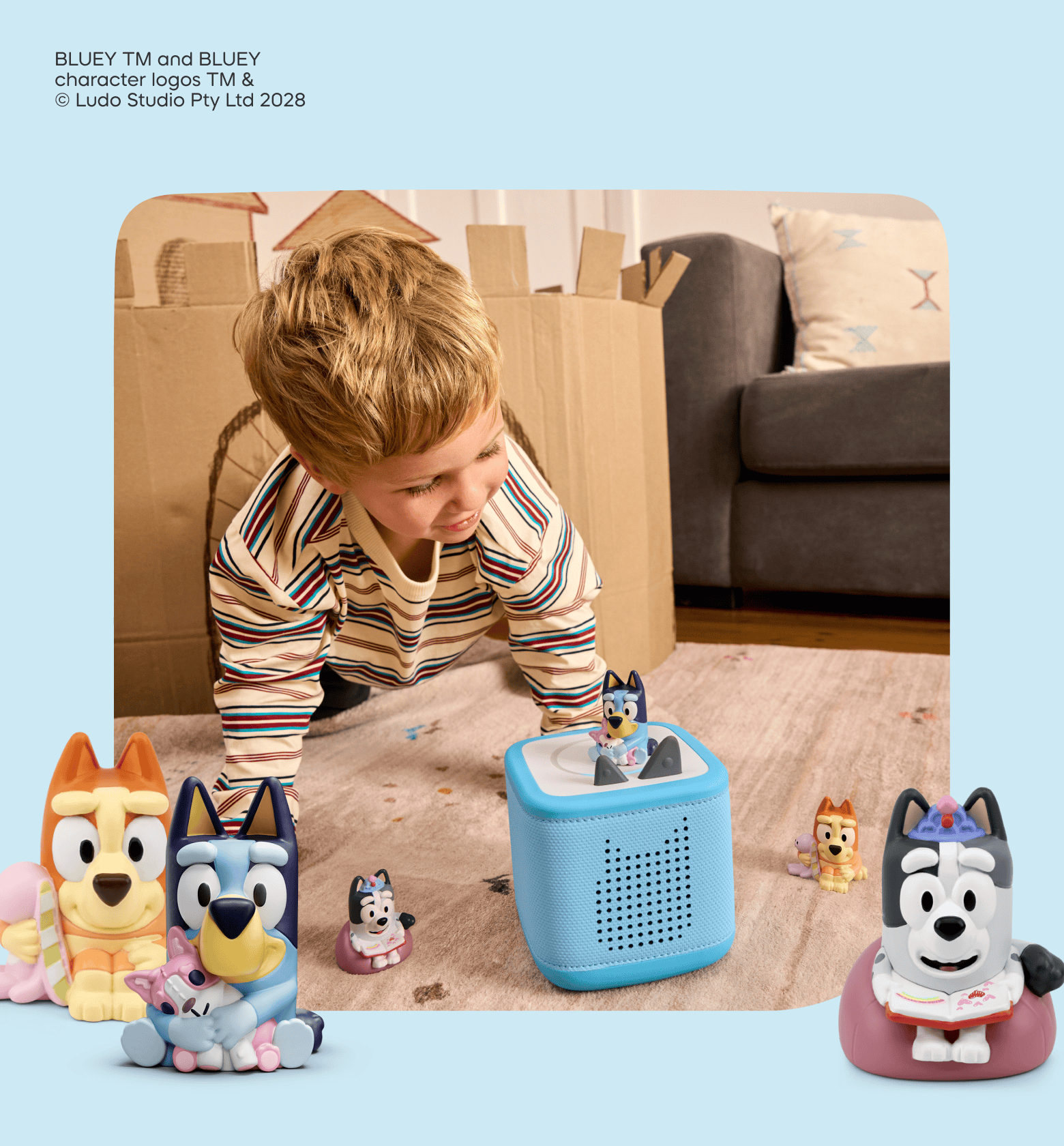 child playing with the bluey tonies 3 pack bluey muffin and bingo tonies and a toniebox 2