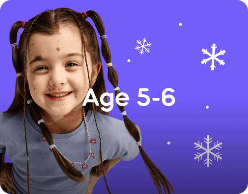 Young girl with pigtails on a purple background with snowflakes and 'Age 5-6' text