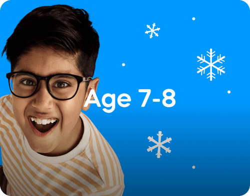 Child with glasses on a blue background with snowflakes and 'Age 7-8' text