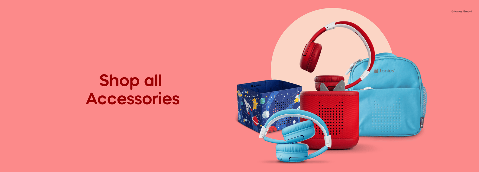 Shop all accessories text with bluetooth headphones, tonies bags, and sleeves