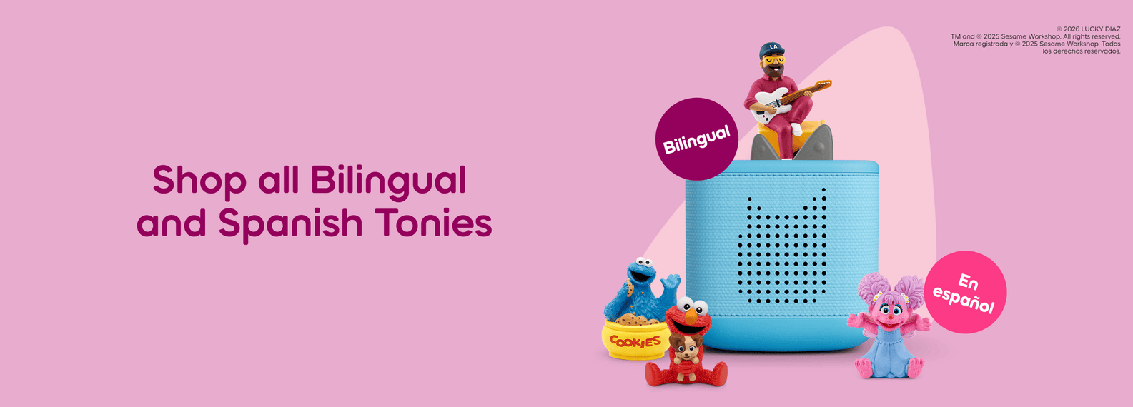 Text "Shop all Bilingual and Spanish Tonies" with a selection of Tonies and a blue Toniebox 2