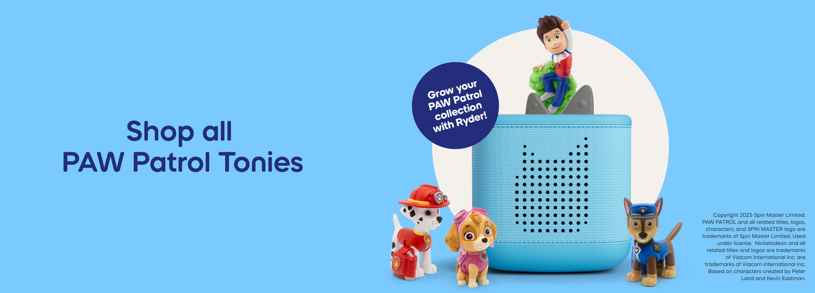 PAW Patrol Tonies with a blue Toniebox 2 with text stating grow your PAW Patrol collection with Ryder