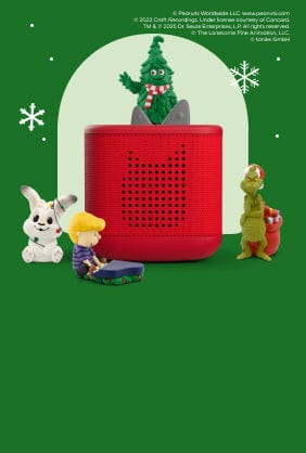 holiday tonies on a red toniebox 2 with snowflake background