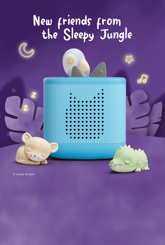 Sleepy Toucan Tonie on a blue Toniebox 2 with the Sleepy Jaguar and Sleepy Crocodile Tonies near them with text 'new friends from the Sleepy Jungle'