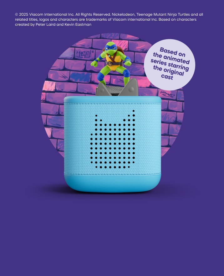 Leonardo Tonie on a blue toniebox 2 with brick background