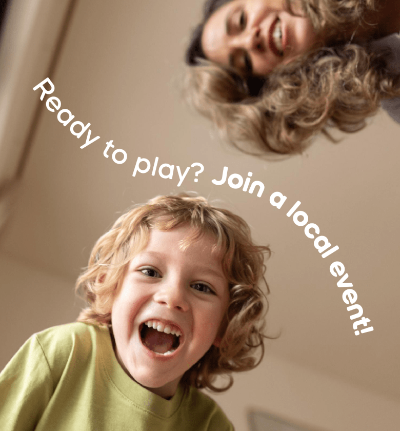 child smiling with the words "ready to play? Join a local event!"