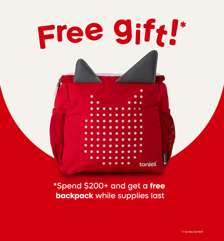 tonies red backpack with text "free gift spend over $200 and get a free backpack while supplies last"