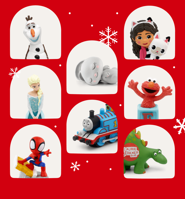 Collection of Tonies with a red background with snowflakes