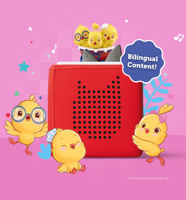 Canticos Tonie with red Toniebox ready for a bilingual adventure