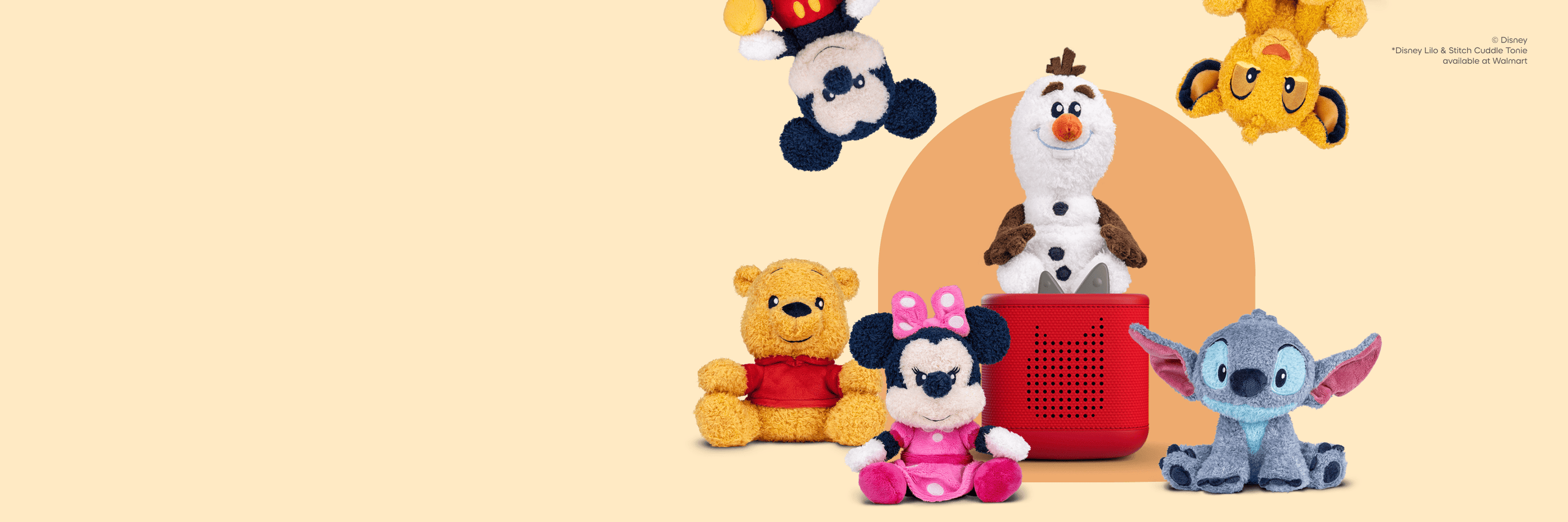 Collection of Disney Cuddle Tonies, including Mickey, Olaf, Simba, and Winnie the Pooh, around a red Toniebox 2 on a beige background.