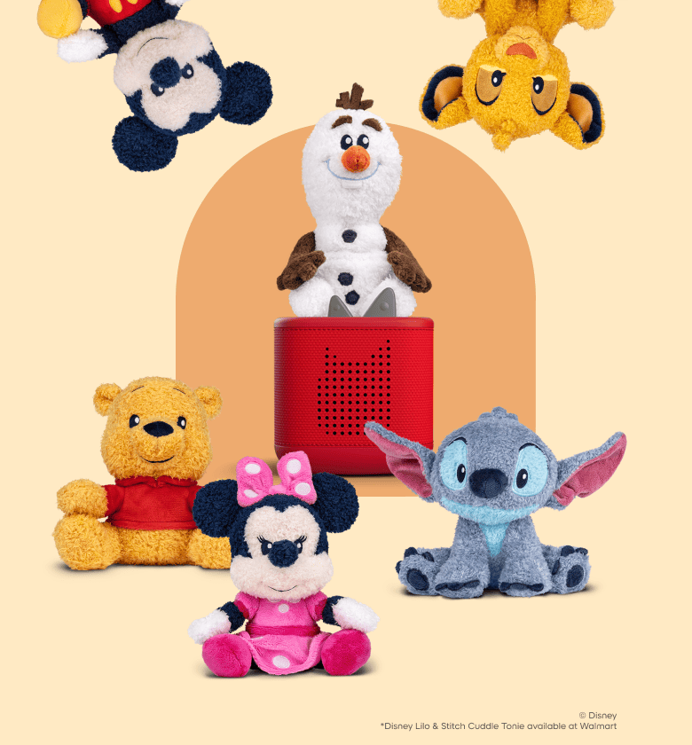 Collection of Disney Cuddle Tonies, including Mickey, Olaf, Simba, and Winnie the Pooh, around a red Toniebox 2 on a beige background.