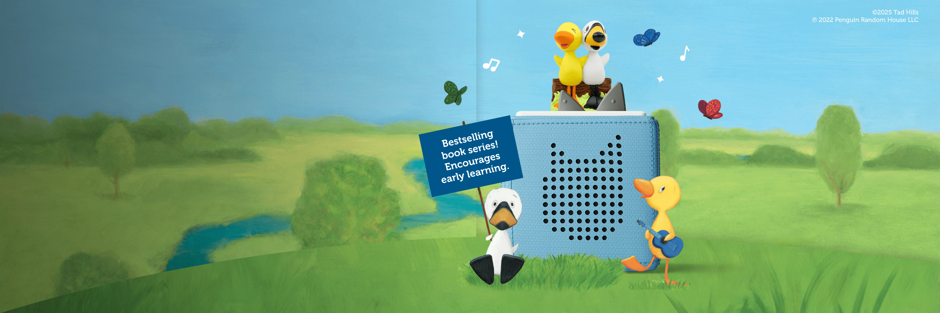 duck & goose tonie on a blue toniebox with grassy field outdoor illustration