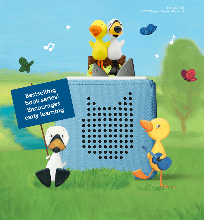 duck & goose tonie on a blue toniebox with grassy field outdoor illustration
