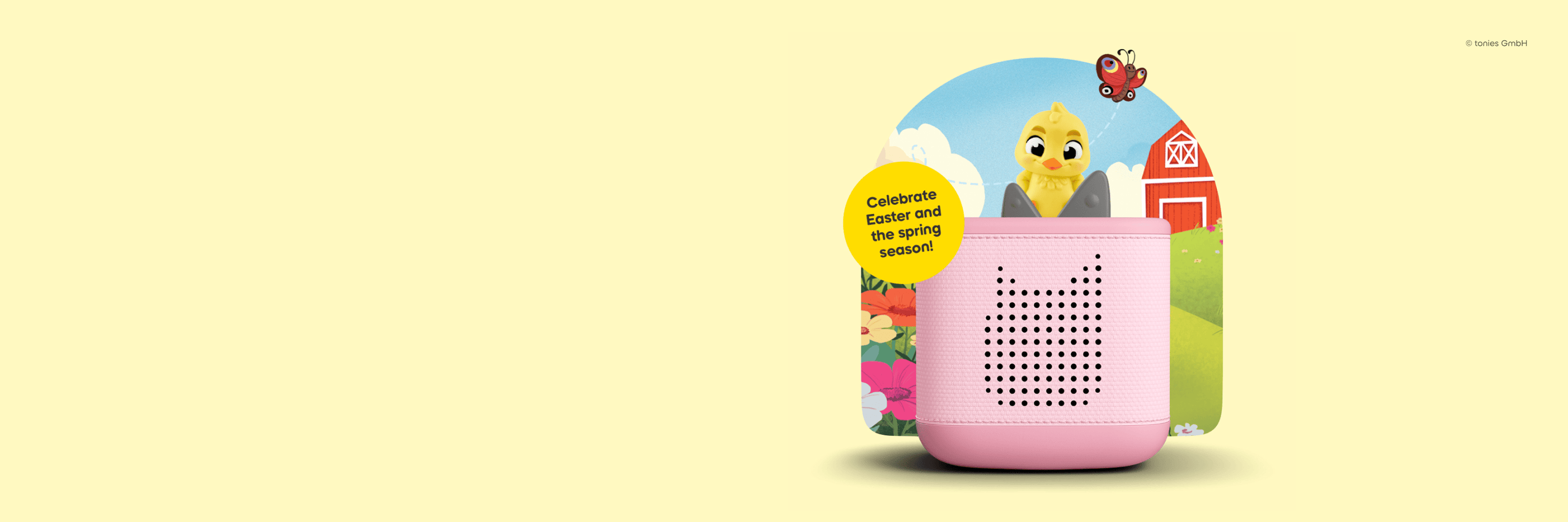 Easter and Spring Stories Tonie on a pink Toniebox 2 with text 'celebrate Easter and the spring season"