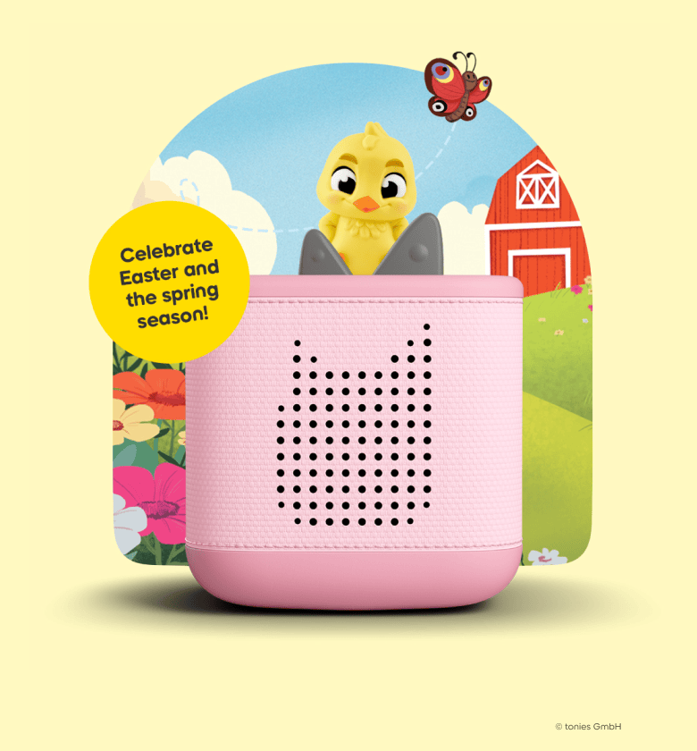 Easter and Spring Stories Tonie on a pink Toniebox 2 with text 'celebrate Easter and the spring season'