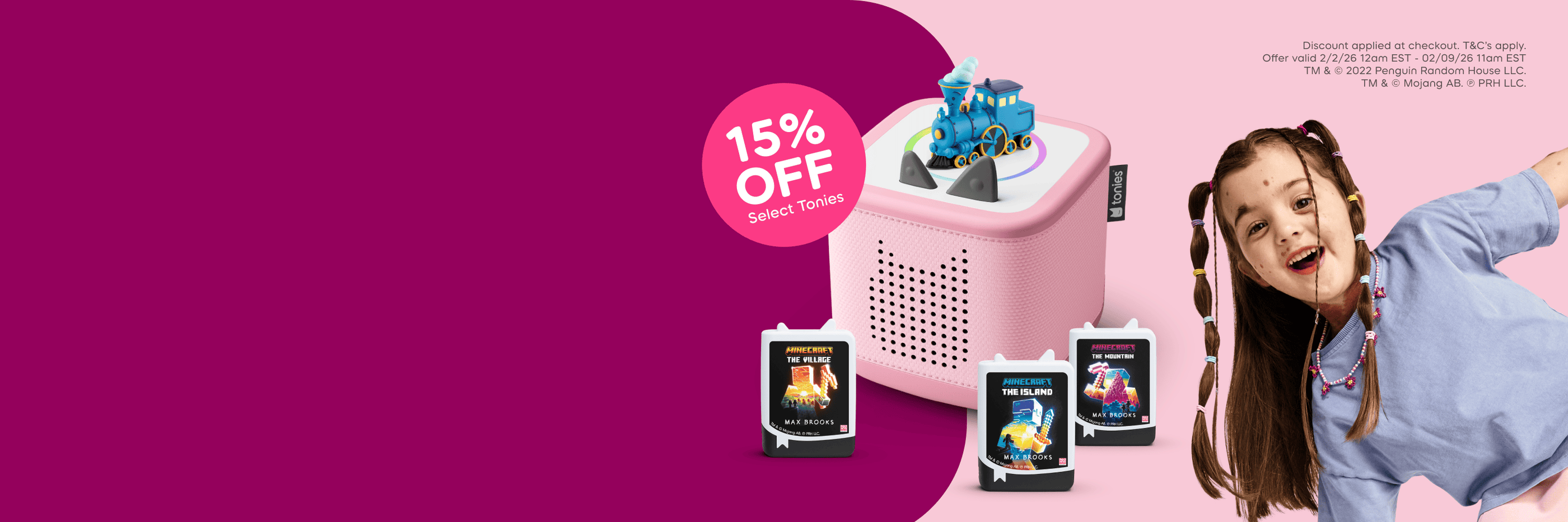 Promotional banner with text "15% off Select Tonies" with a pink Toniebox 2, audiobooks and Tonies