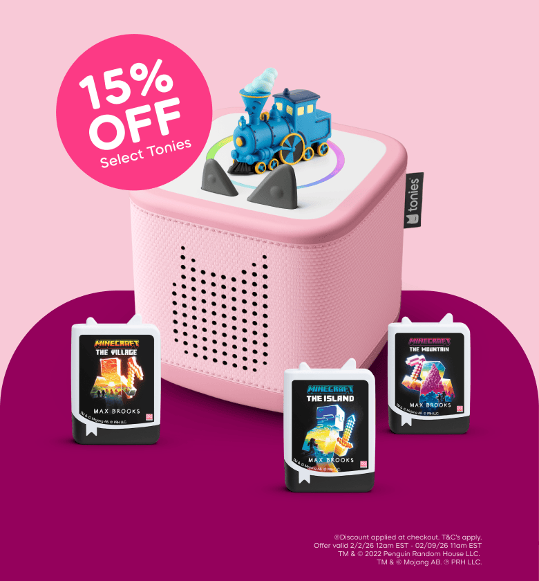 Promotional banner with text "15% off Select Tonies" with a pink Toniebox 2, audiobooks and Tonies