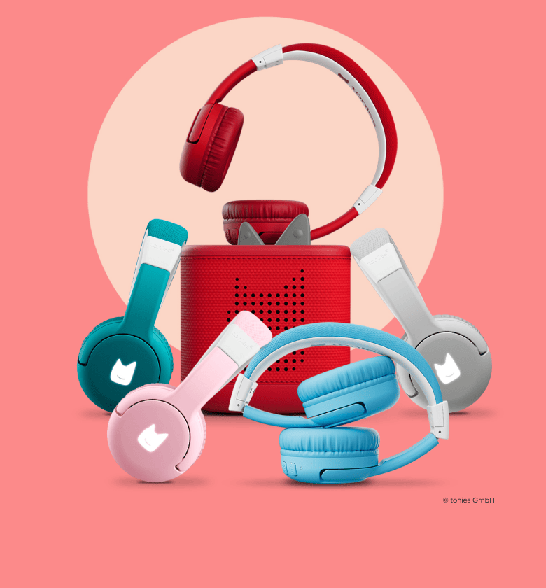 pink, teal, grey, red, and blue tonies bluetooth headphones with a red Toniebox 2.
