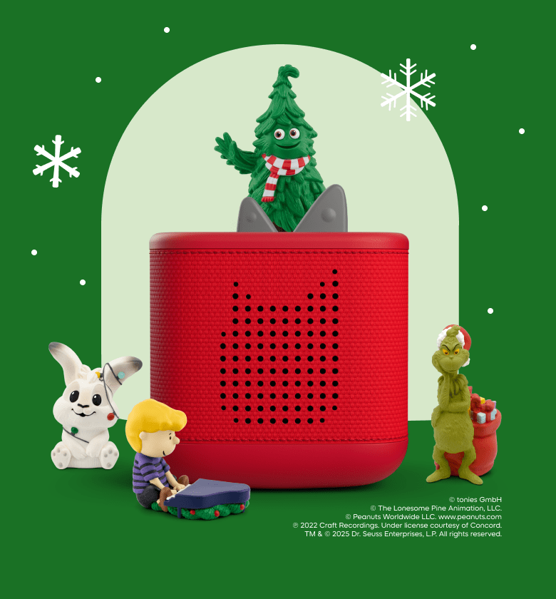 holiday tonies on a red toniebox 2 with snowflake background