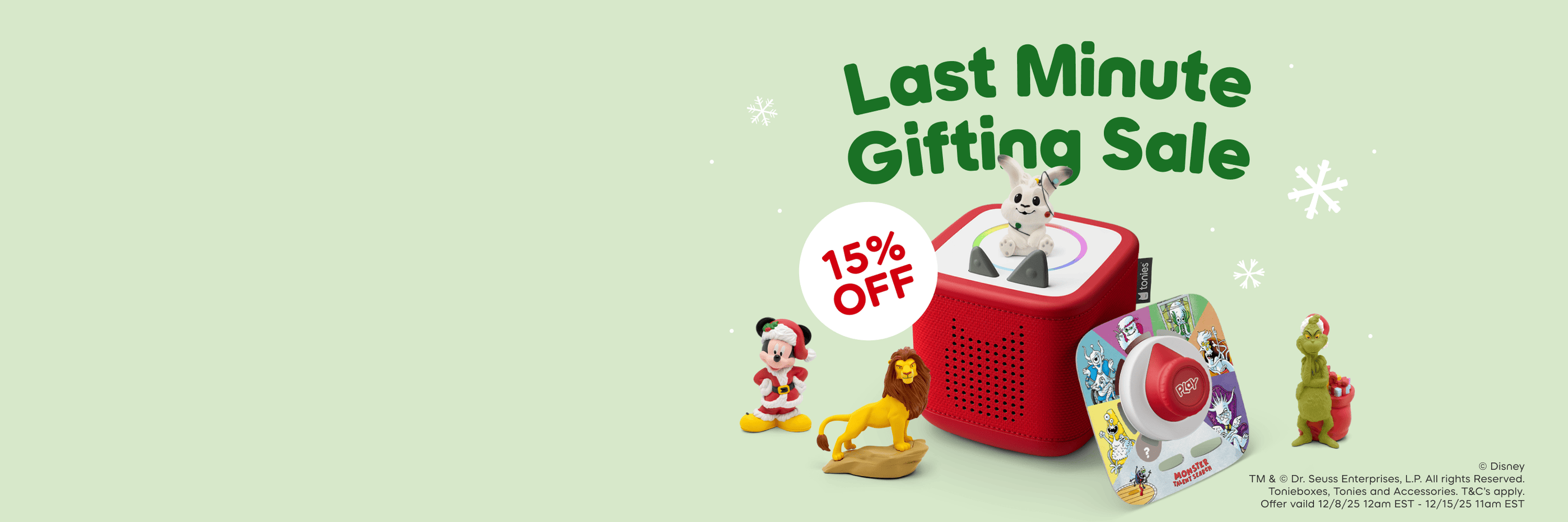 Tonies and a Tonieplay game around a red Toniebox 2 with the text "last minute gifting sale 15% off"