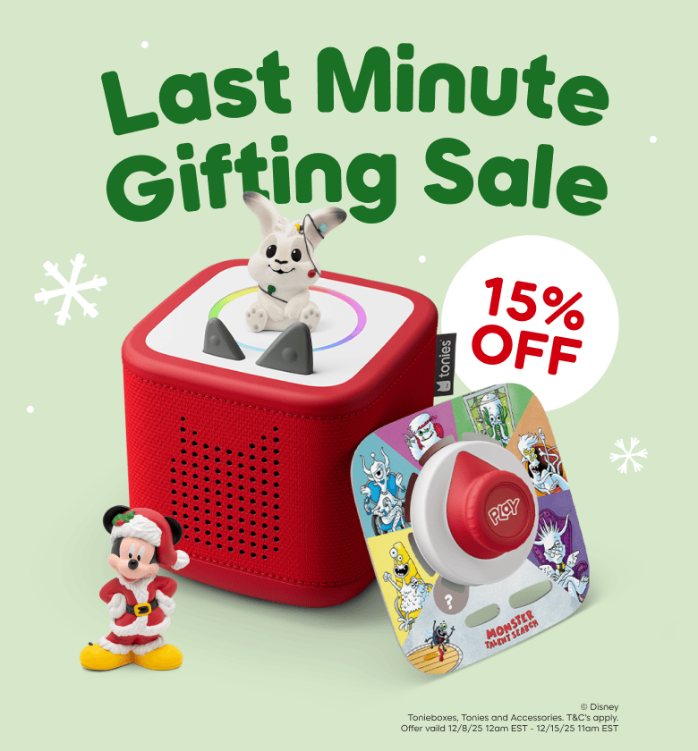 Tonies and a Tonieplay game around a red Toniebox 2 with the text "last minute gifting sale 15% off"