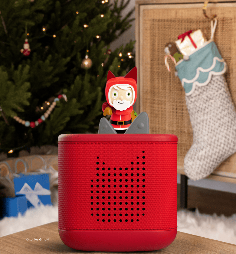 Santa Creative Tonie on a red Toniebox 2 under a Christmas tree