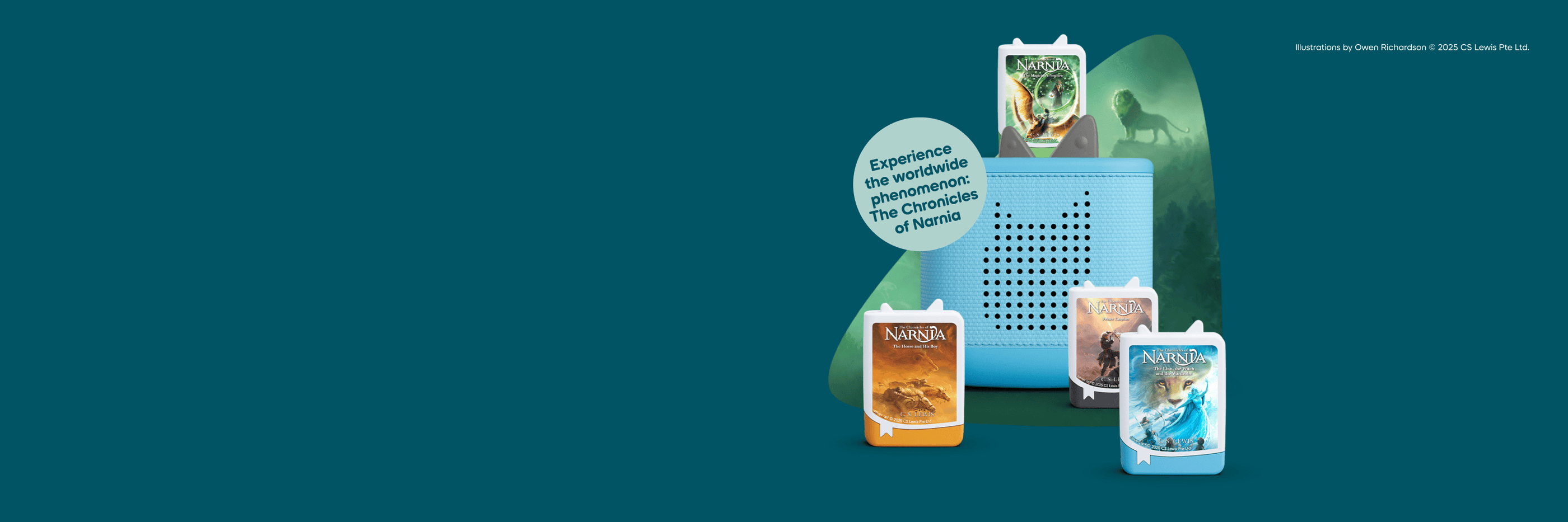 The Chronicles of Narnia audiobooks with a blue Toniebox 2 with text 'experience the worldwide phenomenon: The Chronicles of Narnia'