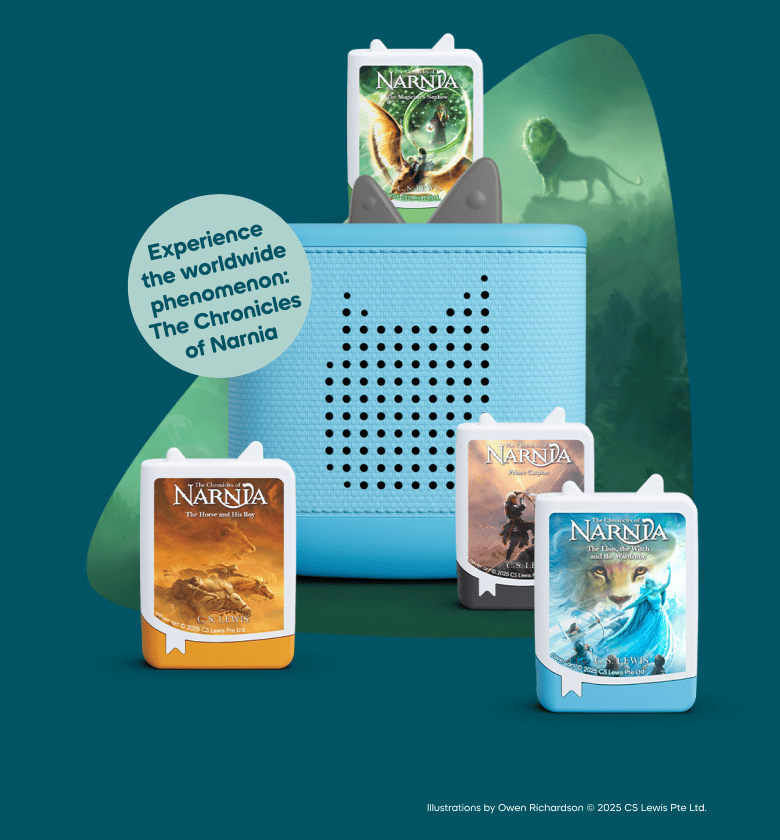 The Chronicles of Narnia audiobooks with a blue Toniebox 2 with text 'experience the worldwide phenomenon: The Chronicles of Narnia'