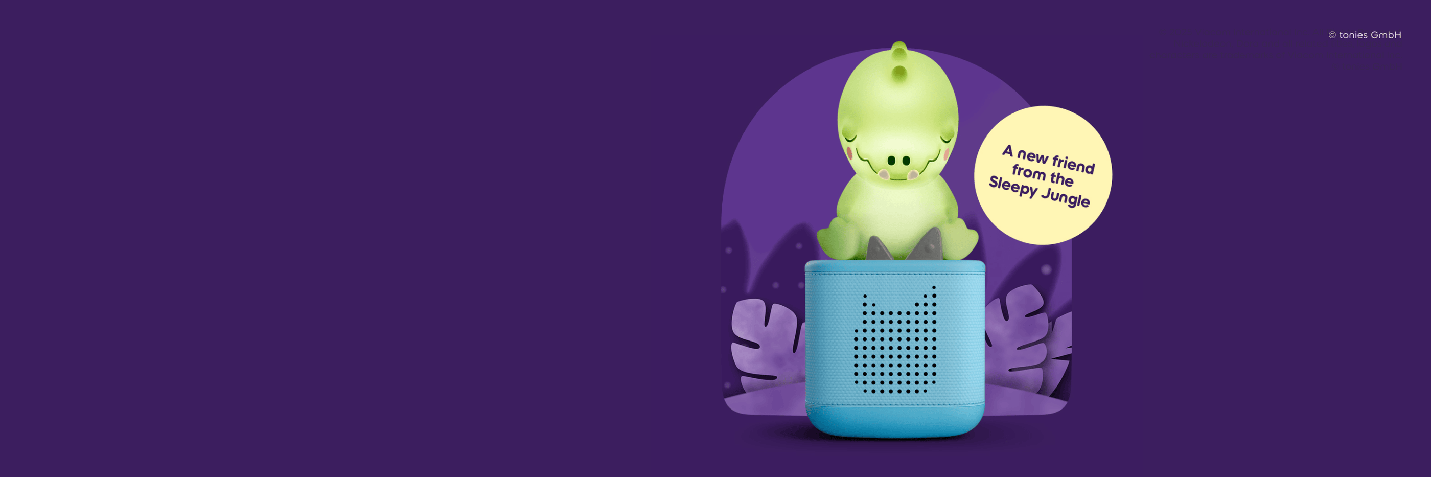 Sleepy Crocodile Night Light Tonie on a blue Toniebox 2 with text 'a new friend from the sleepy jungle'