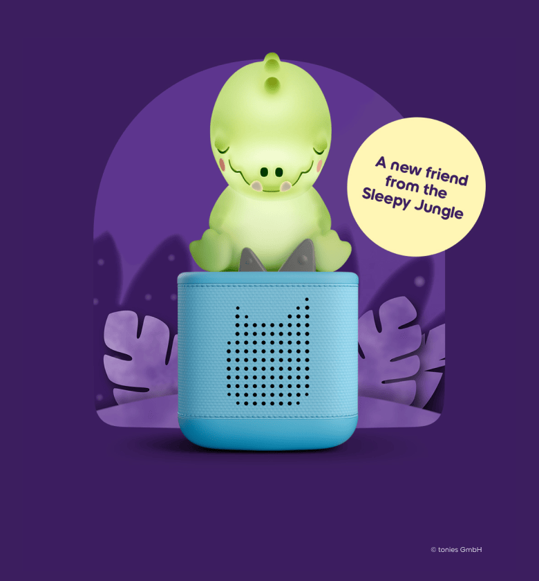 Sleepy Crocodile Night Light Tonie on a blue Toniebox 2 with text 'a new friend from the sleepy jungle'