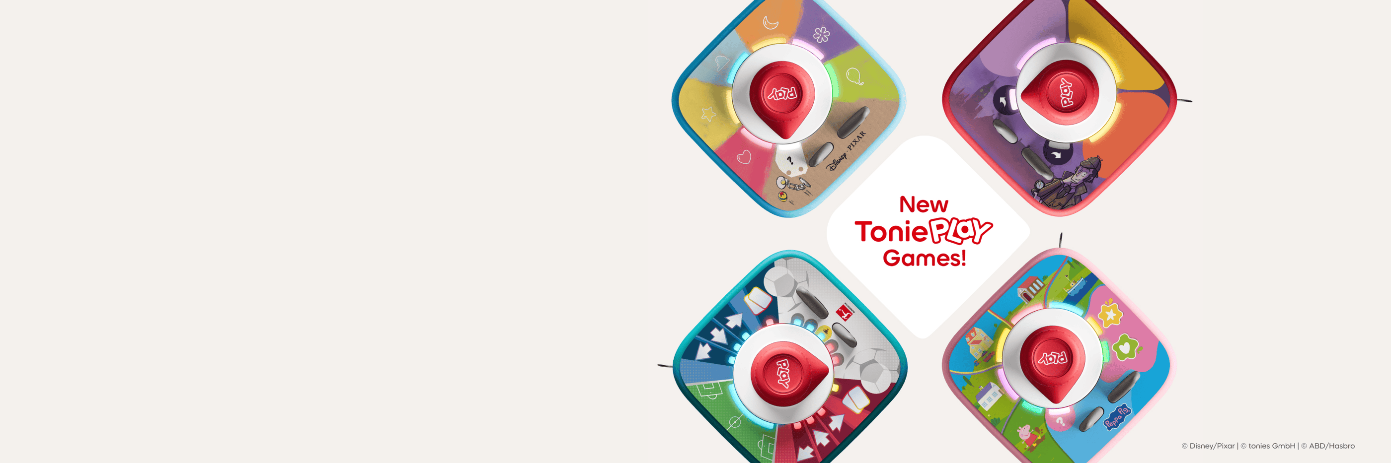 Top level view of Tonieplay games on Toniebox 2's with controllers with text 'New Tonieplay games' 