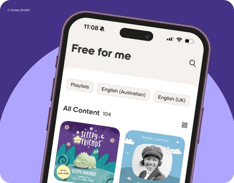 Phone displaying tonies app with playlists and content options on a purple background