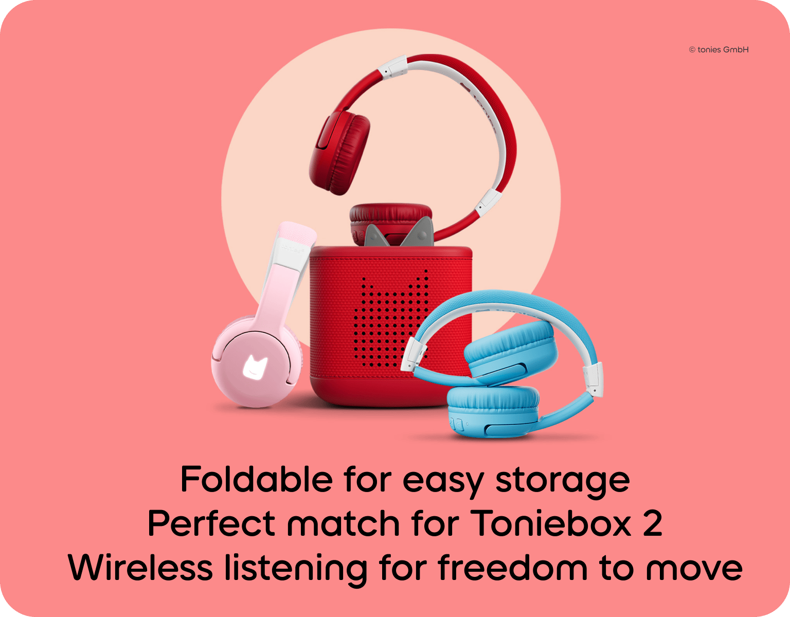 pink, red, and blue tonies bluetooth headphones with a red Toniebox 2.