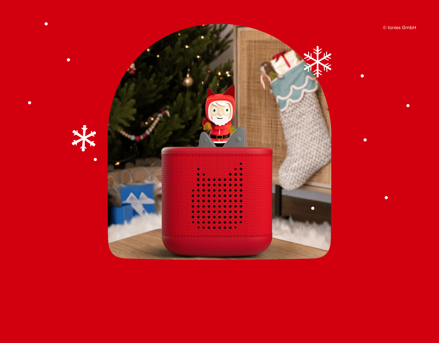 Santa Creative Tonie on a red Toniebox 2 under a Christmas tree