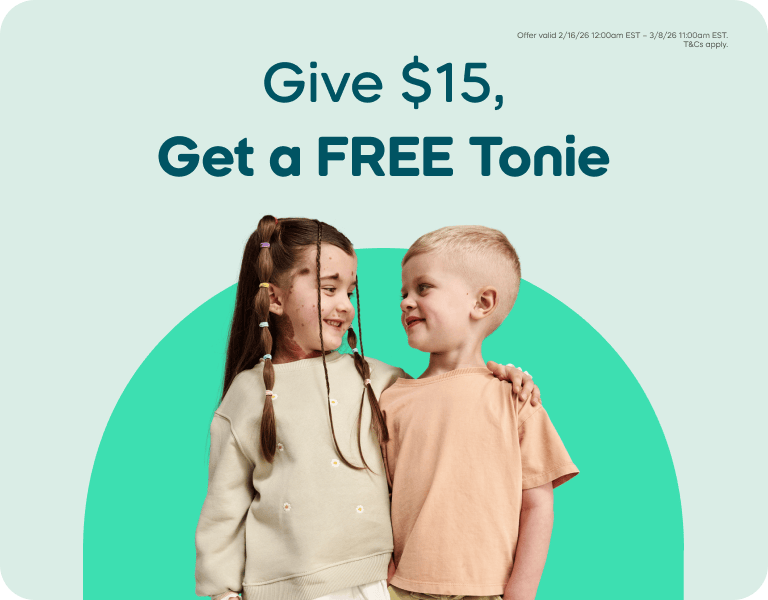Two children standing together with promotional text 'Give $15, Get a Free Tonie' on a light blue background.