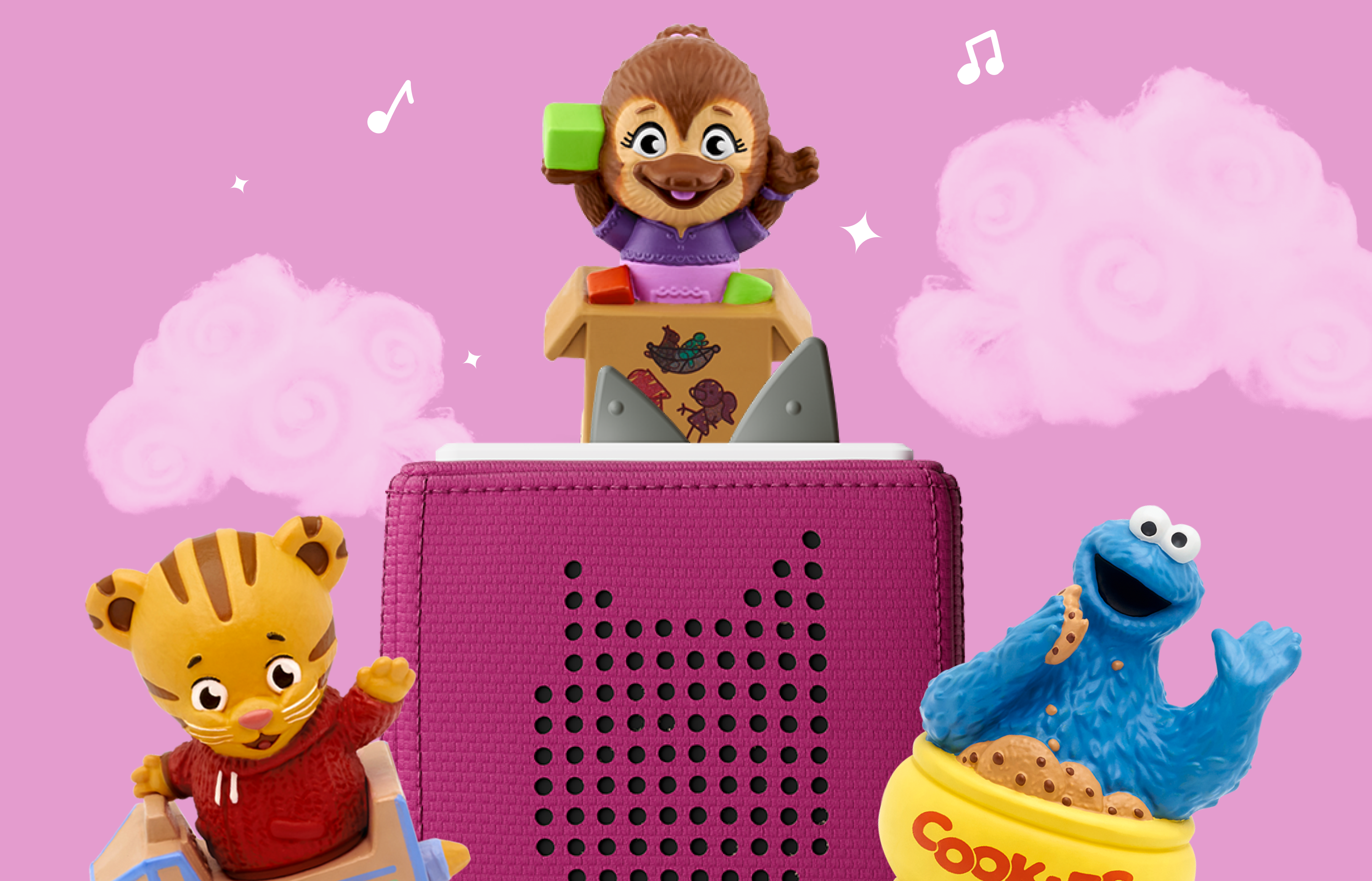 Jodi Platypus Tonie along with Daniel Tiger and Cookie Monster for fun audio stories for kids