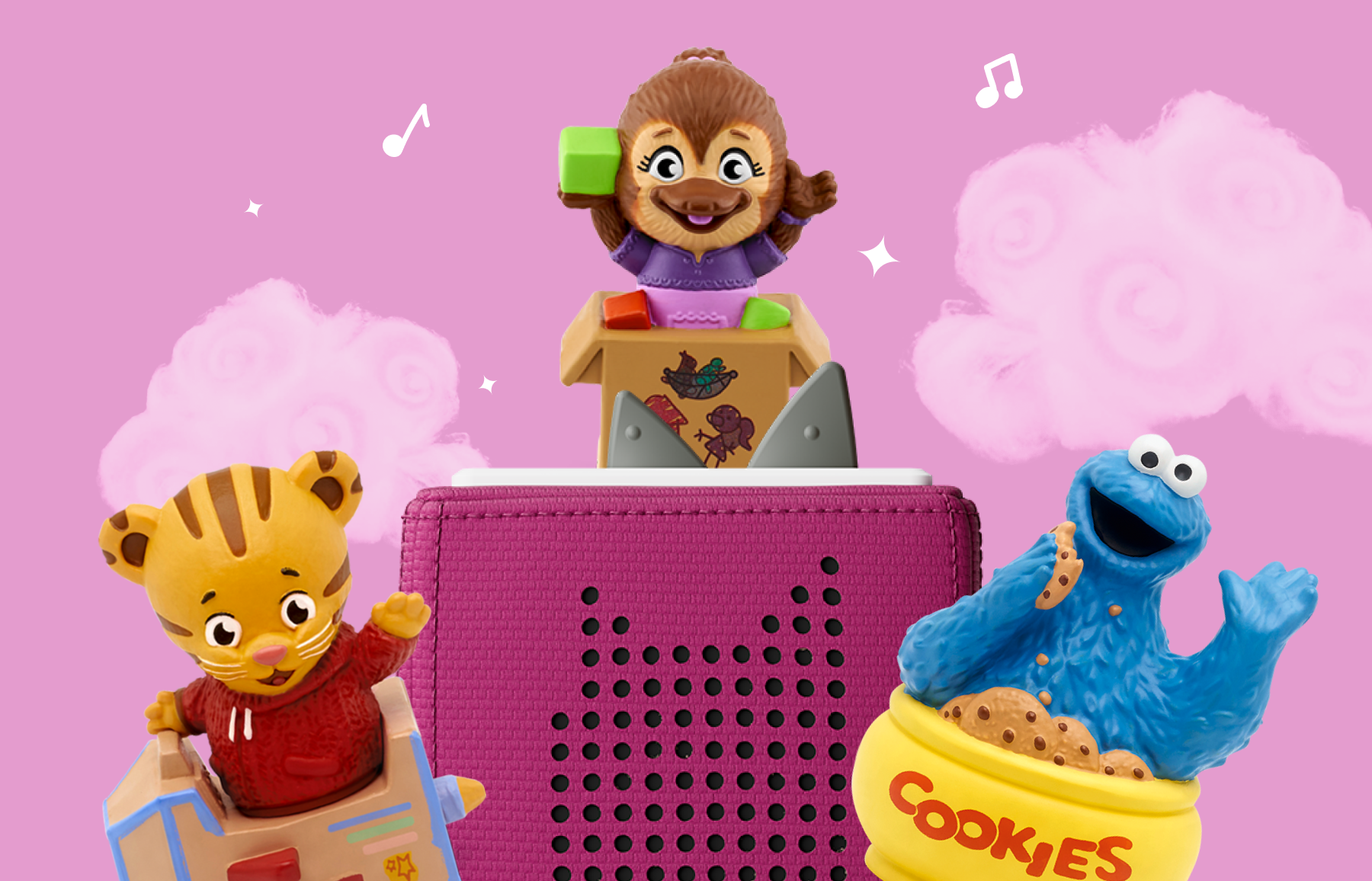 Jodi Platypus Tonie along with Daniel Tiger and Cookie Monster for fun audio stories for kids