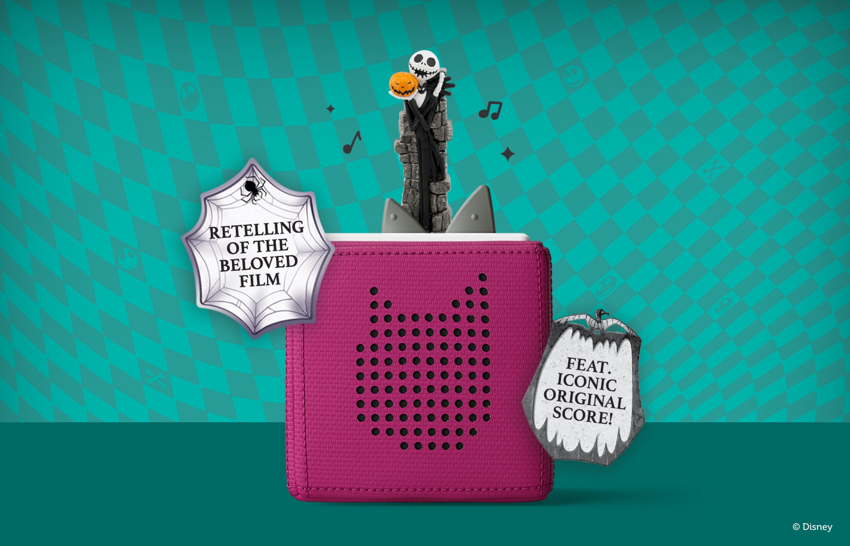 Jack Skellington Tonie on a purple toniebox with text and doodles
